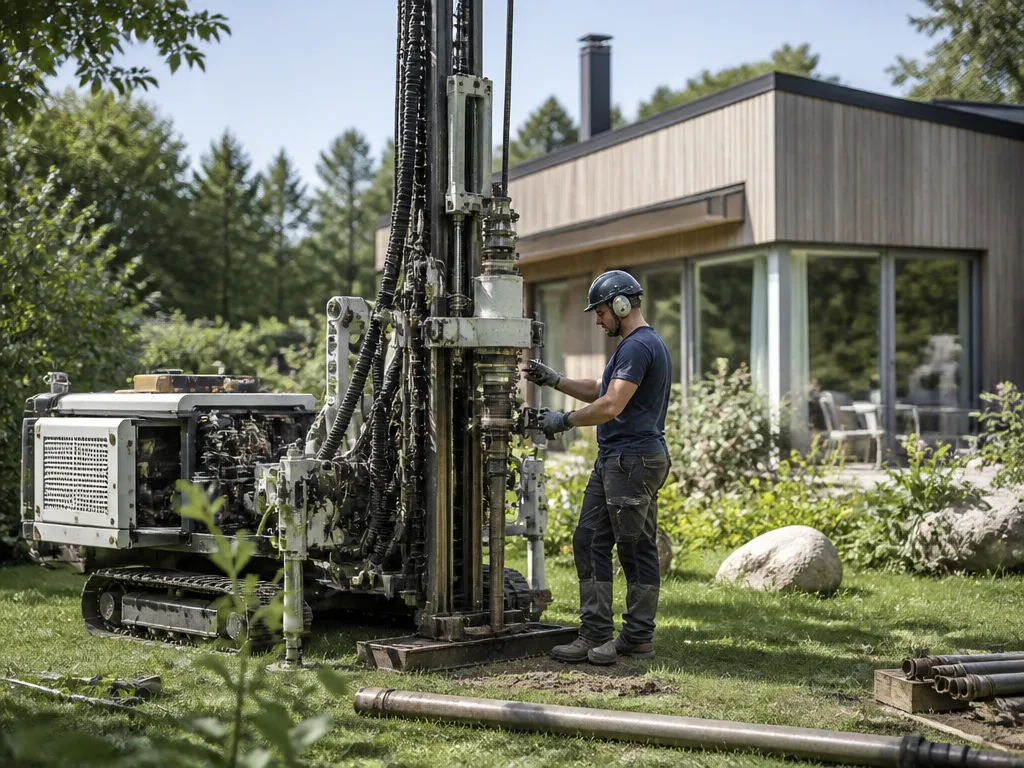 Borrigg vid borrning av energibrunn för bergvärme på gräsmatta bredvid modernt svenskt hus