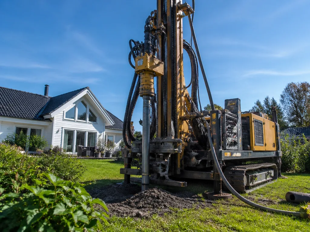 Borrrigg på en villatomt under installation av bergvärmesystem, Skandinaviskt hus i bakgrunden