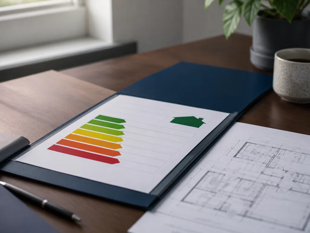 Energideklarationsdokument och byggnadsritning på ett skrivbord med mjukt dagsljus