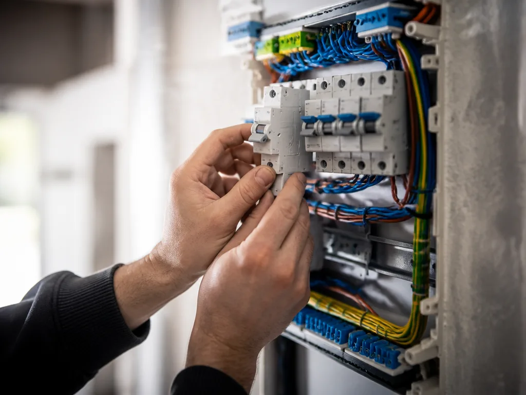 Elektriker installerar en modern elcentral med automatsäkringar