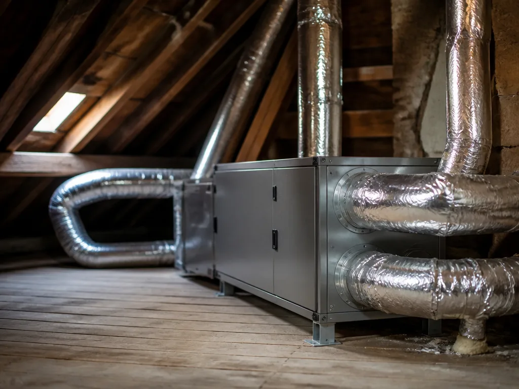 Ventilationsrör och ett fläktaggregat installeras på vinden i ett äldre svenskt hus