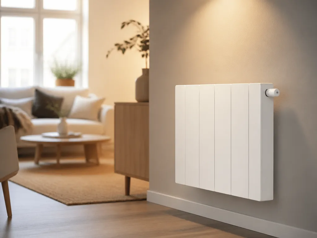 Vit elradiator med termostat på väggen i ett varmt belyst svenskt vardagsrum