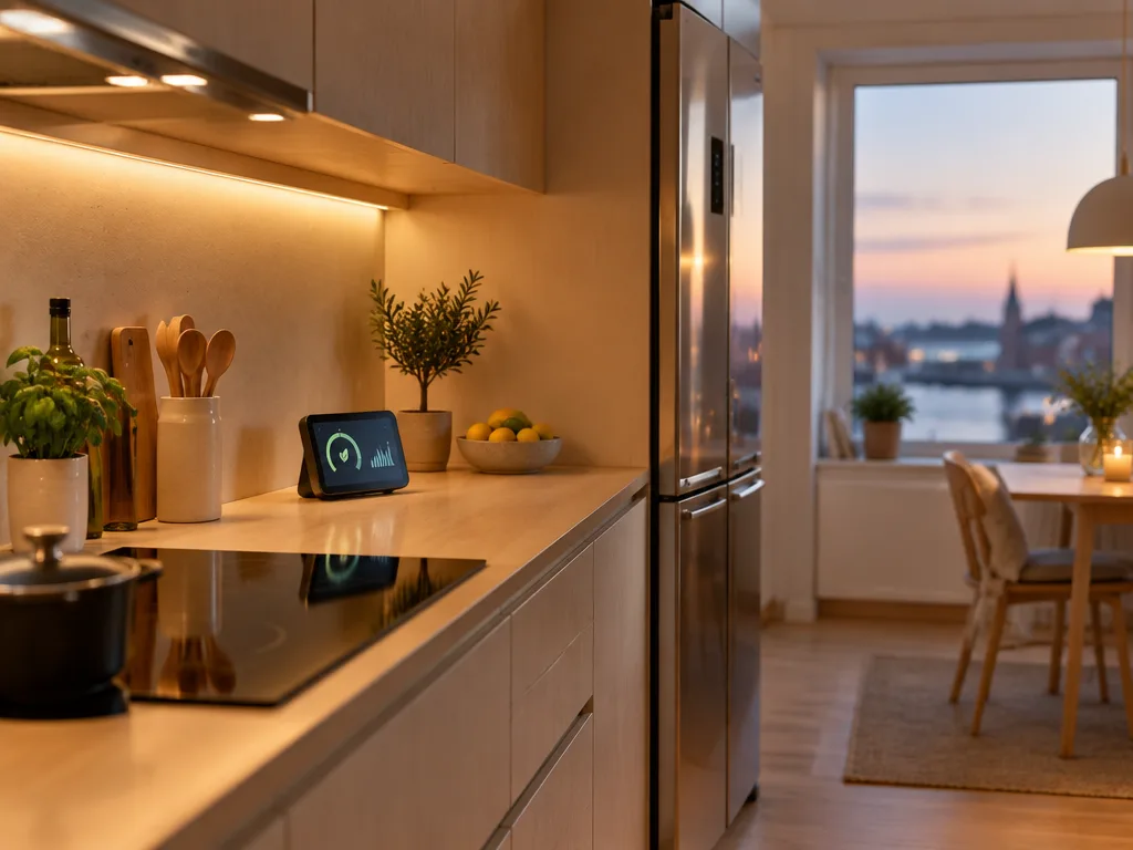 Ljust lägenhetskök i kvällsljus med kylskåp, induktionshäll och en liten energidisplay på bänken