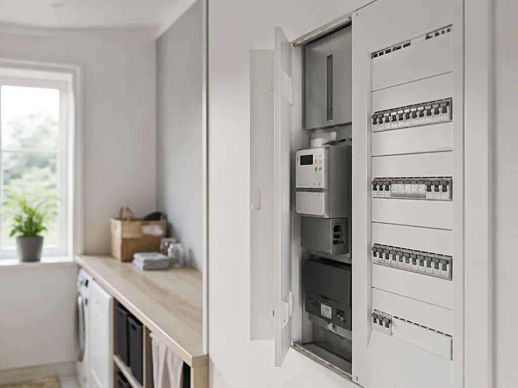 Elmätarskåp och huvudsäkring i ett teknikutrymme i en villa