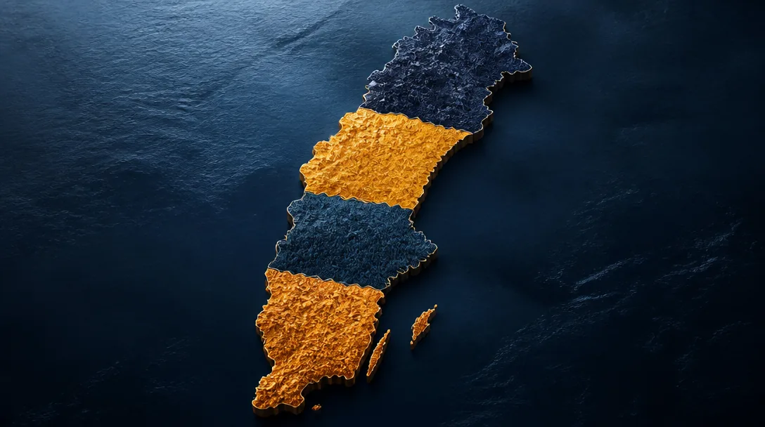 Abstrakt konceptuell karta över Sverige uppdelad i fyra elområden från norr till söder
