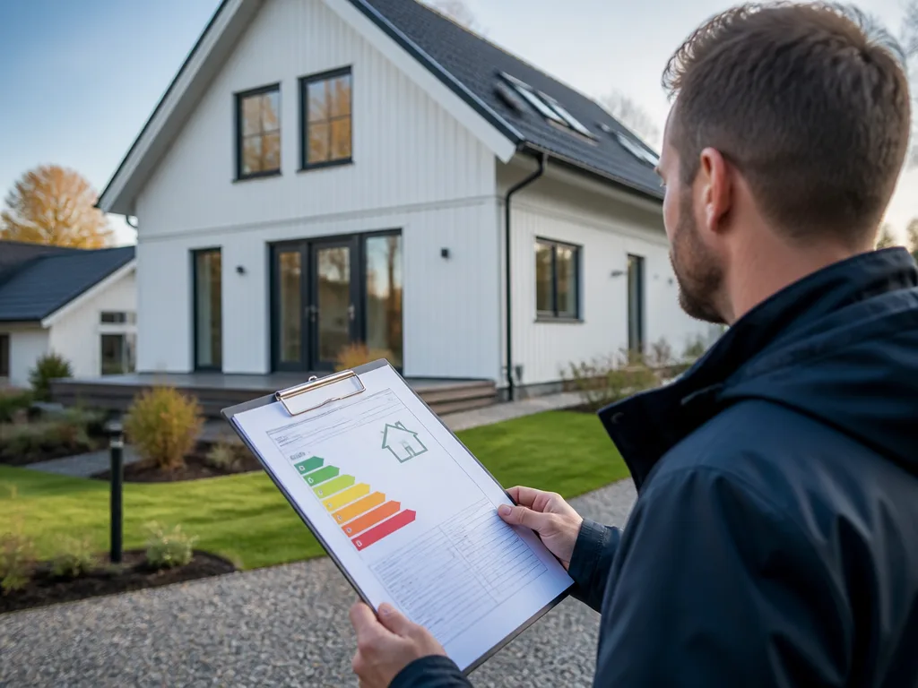 Certifierad energiexpert granskar en svensk villa med energideklarationsdokument i handen