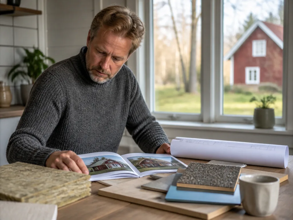 Villaägare granskar isoleringsmaterial och energirenoveringsplaner för ett traditionellt svenskt hus