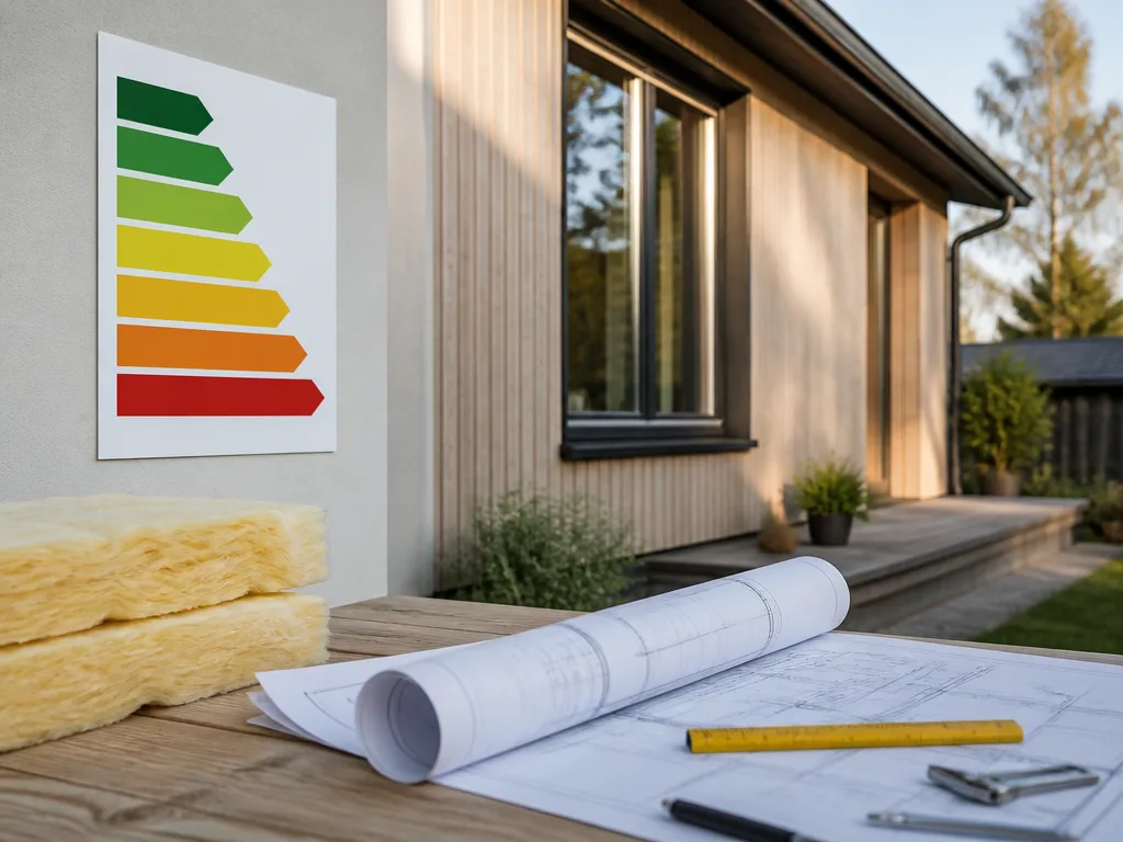 Blueprint och isoleringsmaterial framför en villafasad, symboliserar energieffektivisering och energiklass för hus