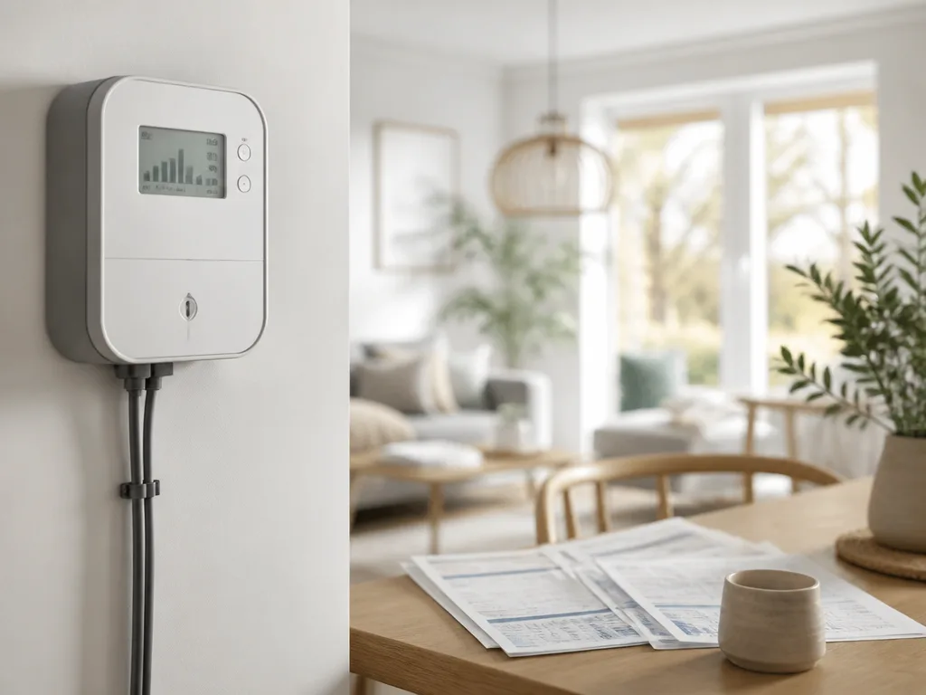 Smart elmätare på vit vägg i modernt skandinaviskt hem med elräkningar på träbord