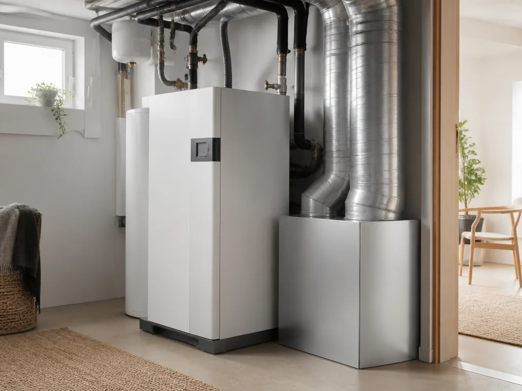 Modernt teknikrum med vit frånluftsvärmepump och ventilationskanaler i svensk villa