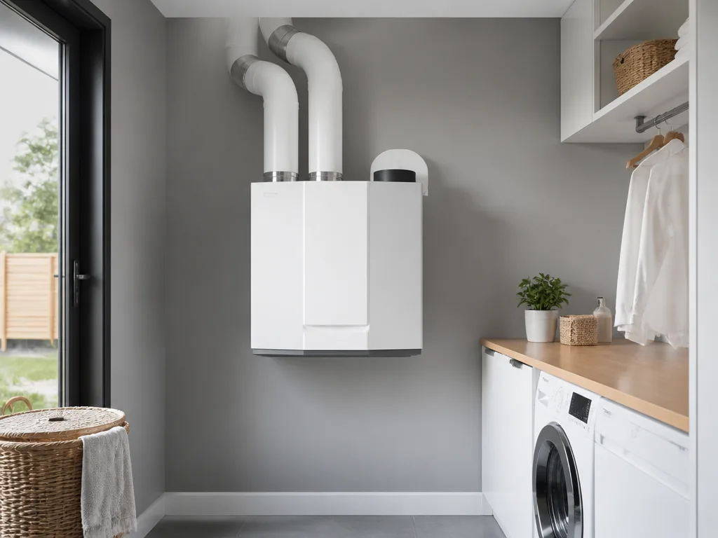 FTX-aggregat med vita kanaler installerat i teknikrum i modern villa