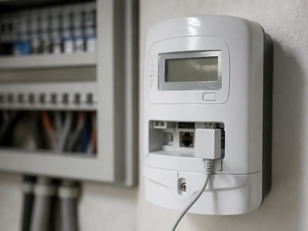 Smart elmätare på väggen med öppen HAN-port och inkopplad modulkabel
