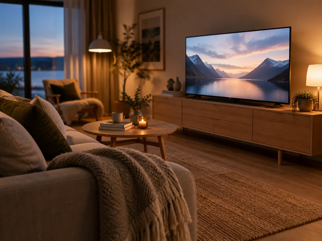 Platt-tv på en ljus tv-bänk i ett mysigt vardagsrum med soffa och filt en kväll