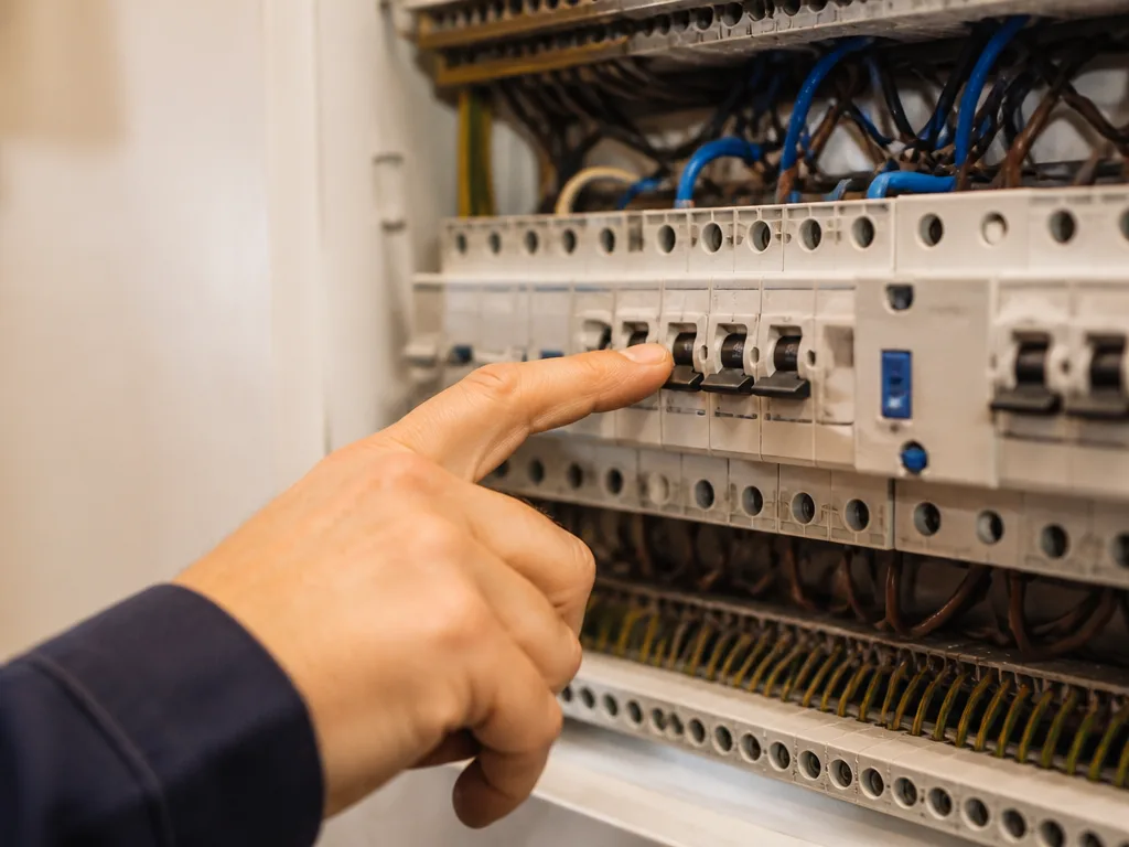 Elektriker pekar på jordfelsbrytare och säkringar i en öppen elcentral