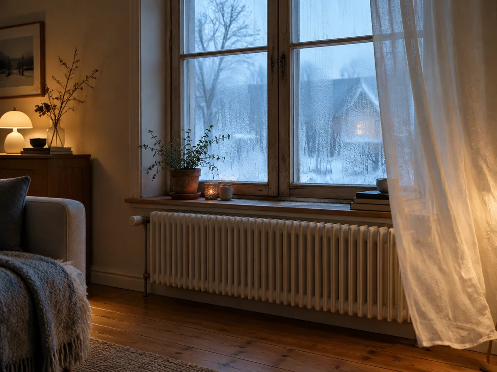 Äldre spröjsat fönster med imma på glaset och ett vitt element under, vinterlandskap utanför och en tunn gardin som rör sig i vardagsrummet