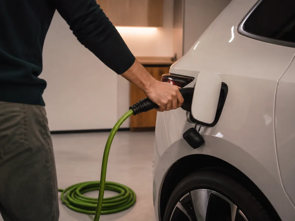 Laddkabel till elbil kopplad i laddport i modernt garage med mjukt ljus