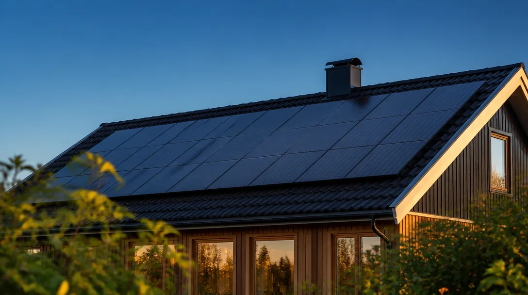 Solpaneler på ett villatak med eftermiddagssol