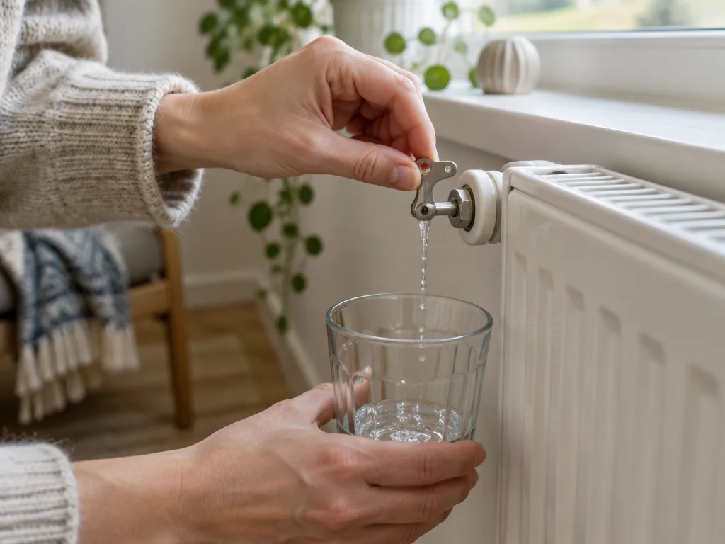 Hand som luftar ett vitt element med elementnyckel medan vattnet rinner ner i ett glas