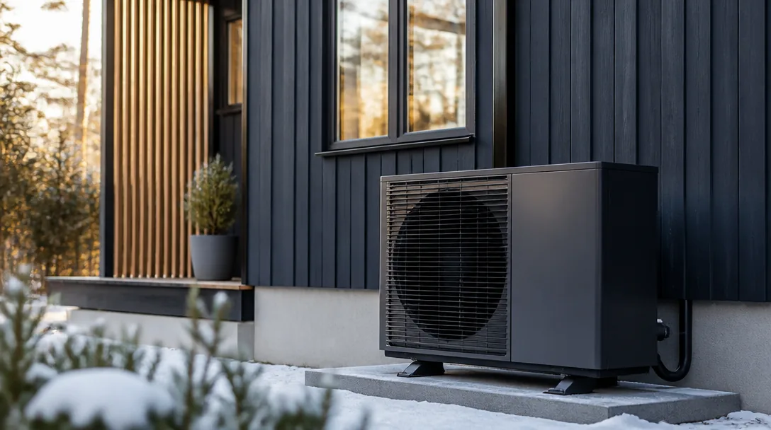 Utomhusdel av en värmepump vid en villas fasad på vintern