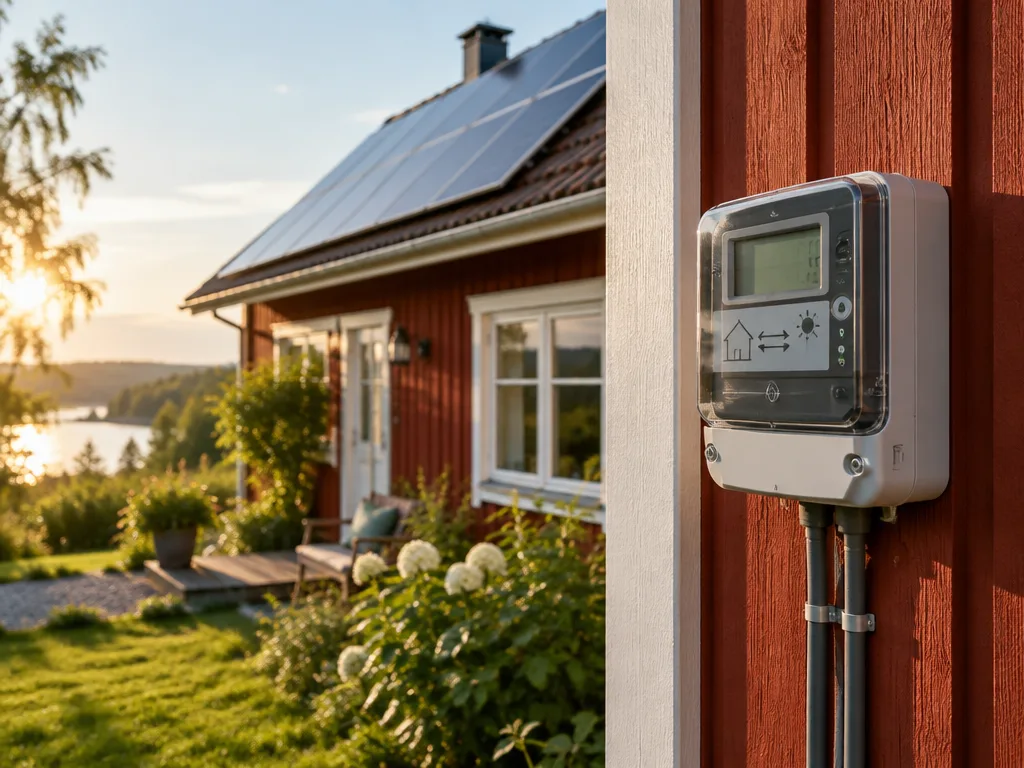 Röd villa med solceller på taket och en elmätare för både uttag och inmatning på husväggen