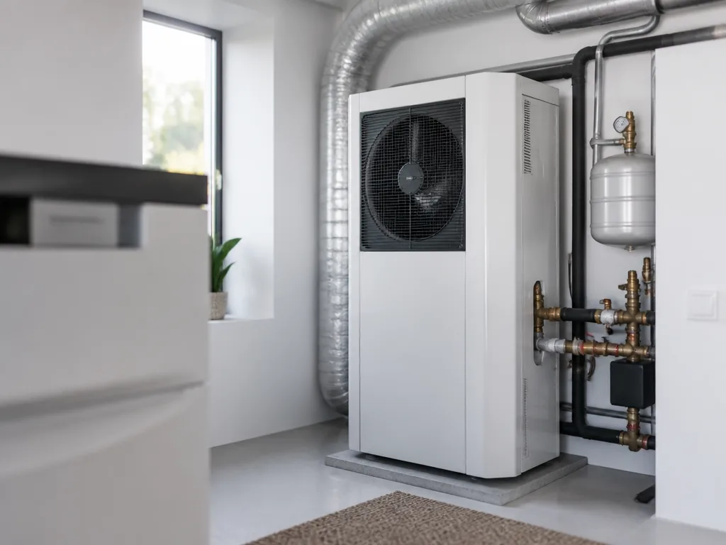 Modern vit värmepumpsenhet i ett rent teknikrum med synliga rör och ventilationskanaler
