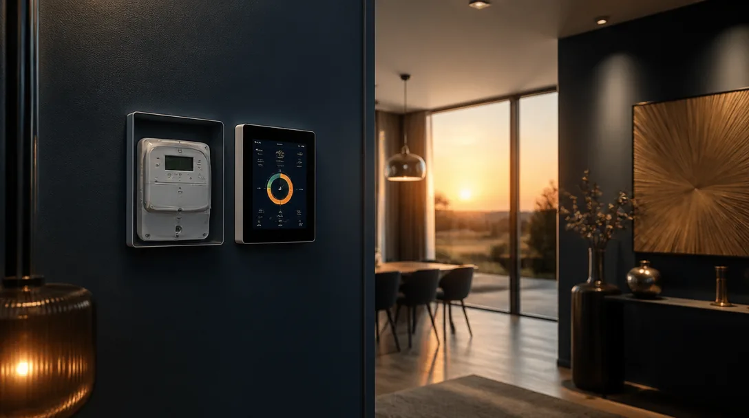 Modernt hus med elmätare och smart energidisplay – symbol för elförbrukning i villa