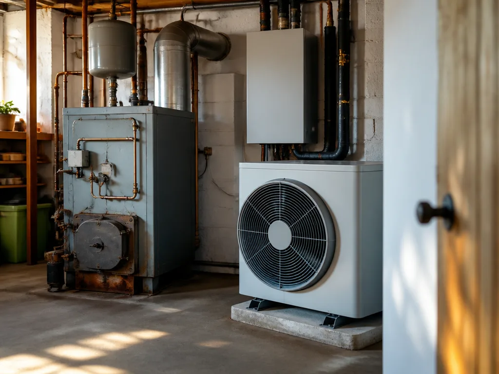 Pannrum med en äldre oljepanna bredvid modern värmepumpsinstallation i ett svenskt hus