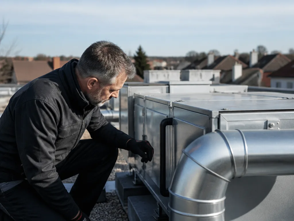 Ventilationstekniker inspekterar ett fläktaggregat och kanalsystem på ett bostadshus tak