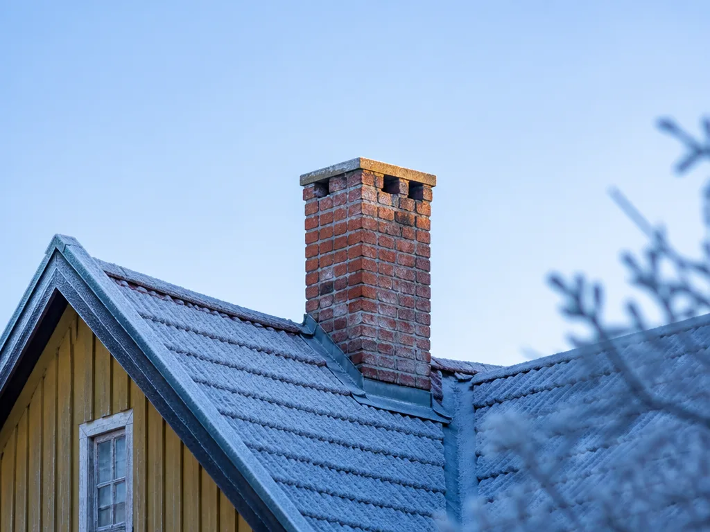 Skorsten på ett äldre svenskt trähus mot en klarblå vinterhimmel