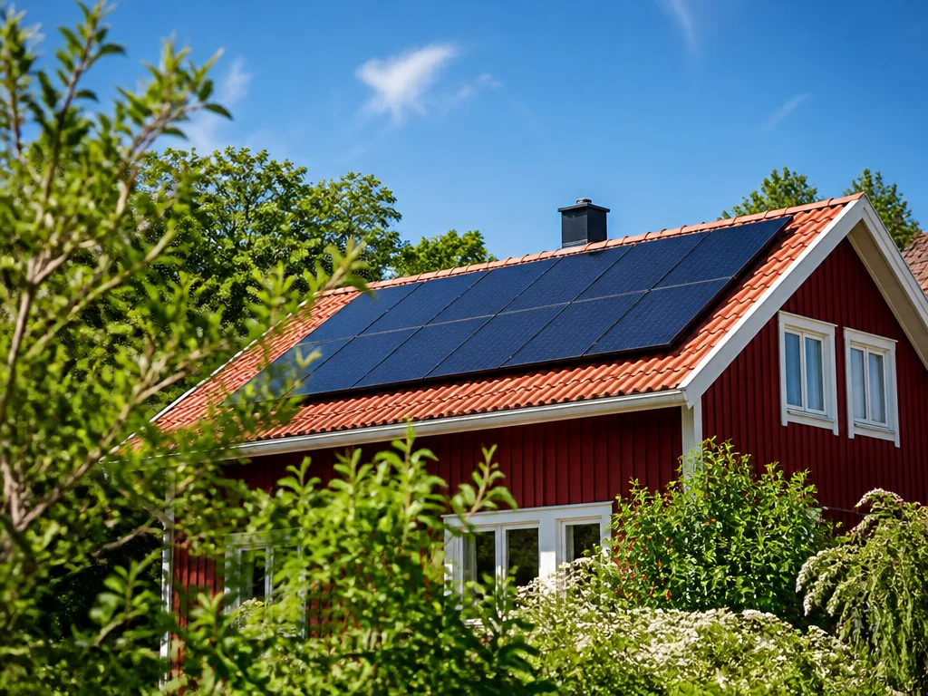 Solpaneler installerade på rödfärgat skandinaviskt villatak i sommarsol