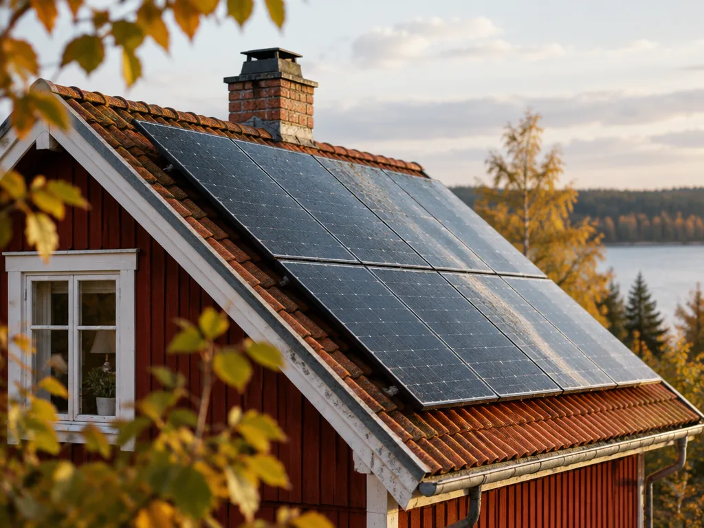 Solpaneler på ett rött tegeltak på ett falurött trähus i höstljus