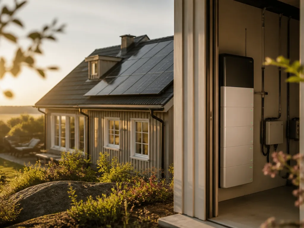 Solpaneler på villatak med batterilager monterat i teknikrum