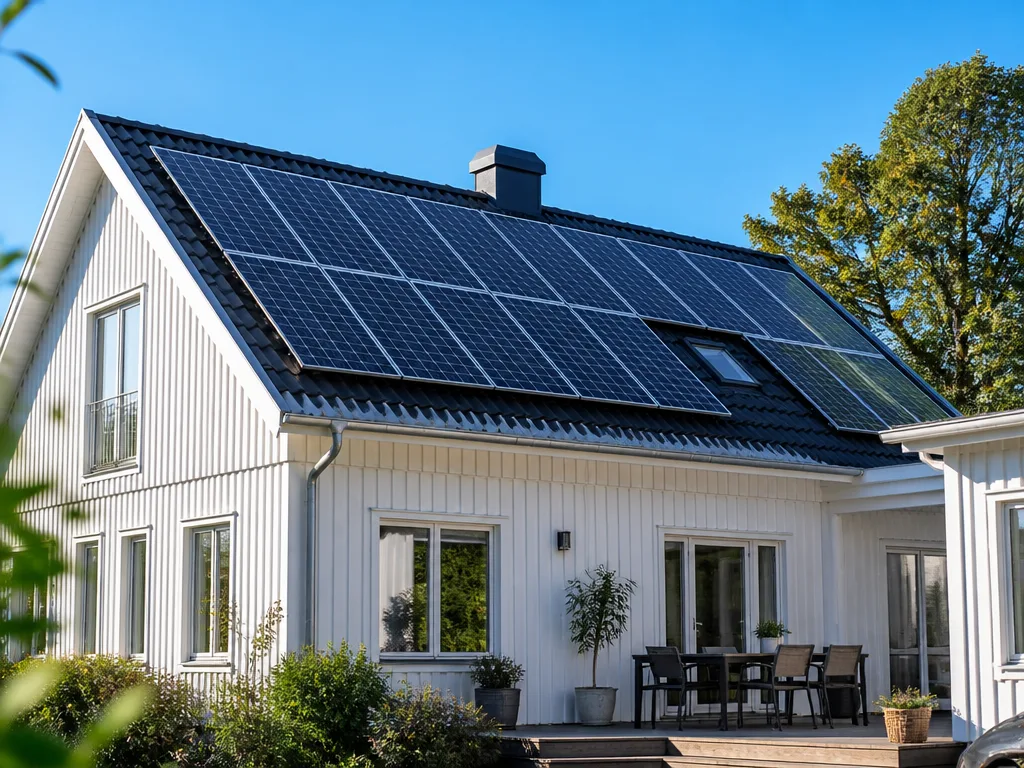 Solcellspaneler installerade på taket av en svensk villa mot blå himmel