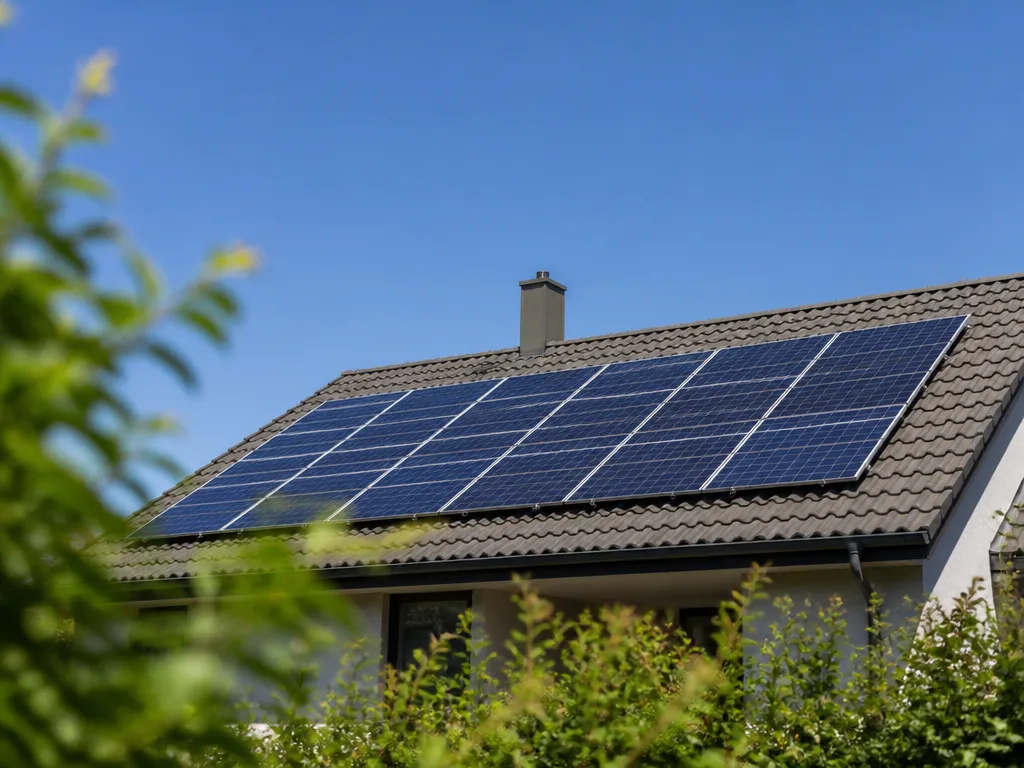 Solpaneler monterade på ett villatak under klarblå himmel