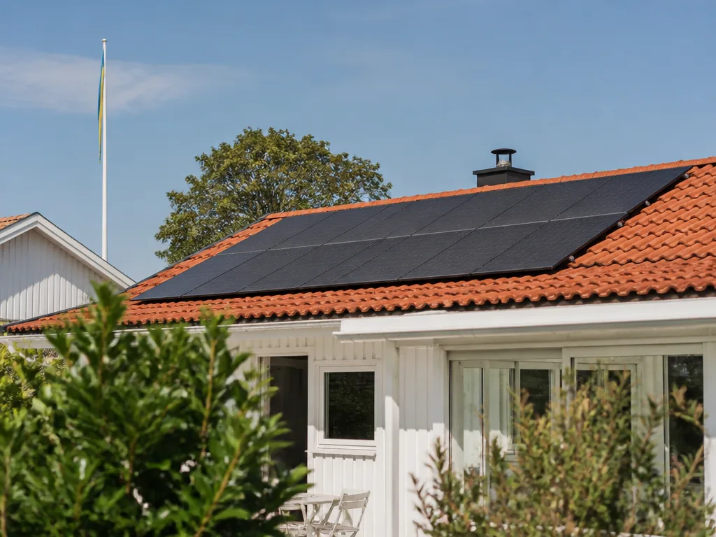 Solpaneler monterade på ett villatakets södersluttning i klart solsken