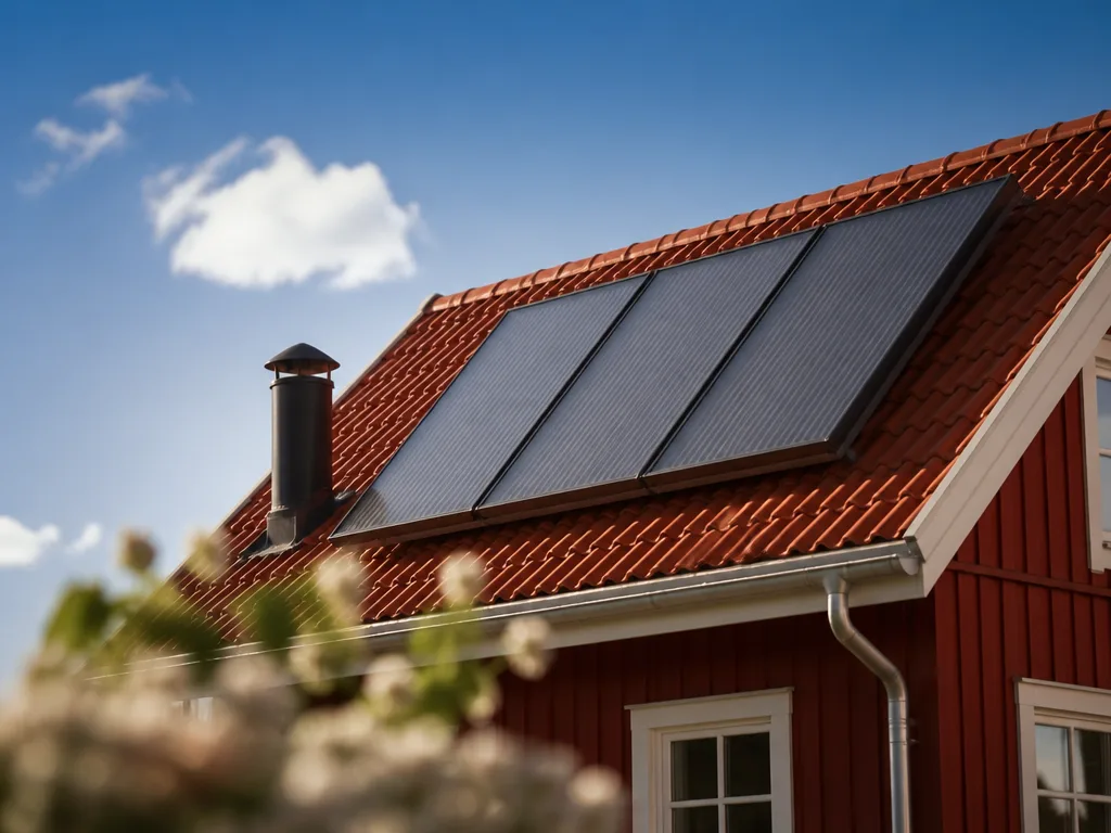Solfångare monterade på ett svenskt villatak i varmt solljus