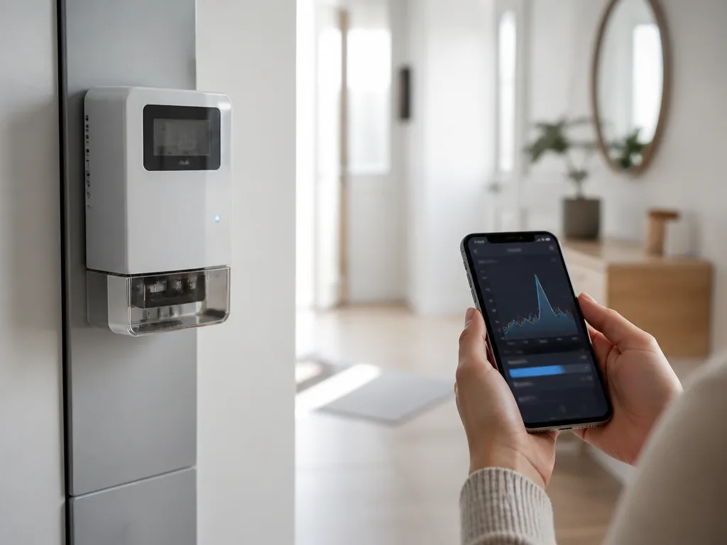 Smart elmätare på vägg med mobiltelefon som visar realtids-elprisdata i skandinaviskt hem