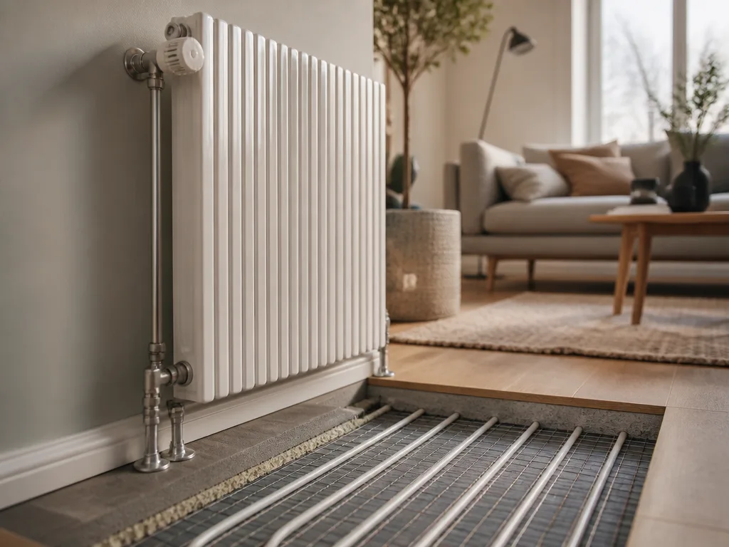 Vit radiator och golvvärmerör i ett varmt, ljust svenskt vardagsrum