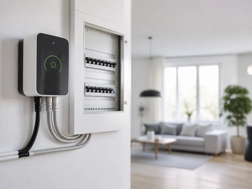 Smart elmätare och elcentral på vit vägg i modernt skandinaviskt hem